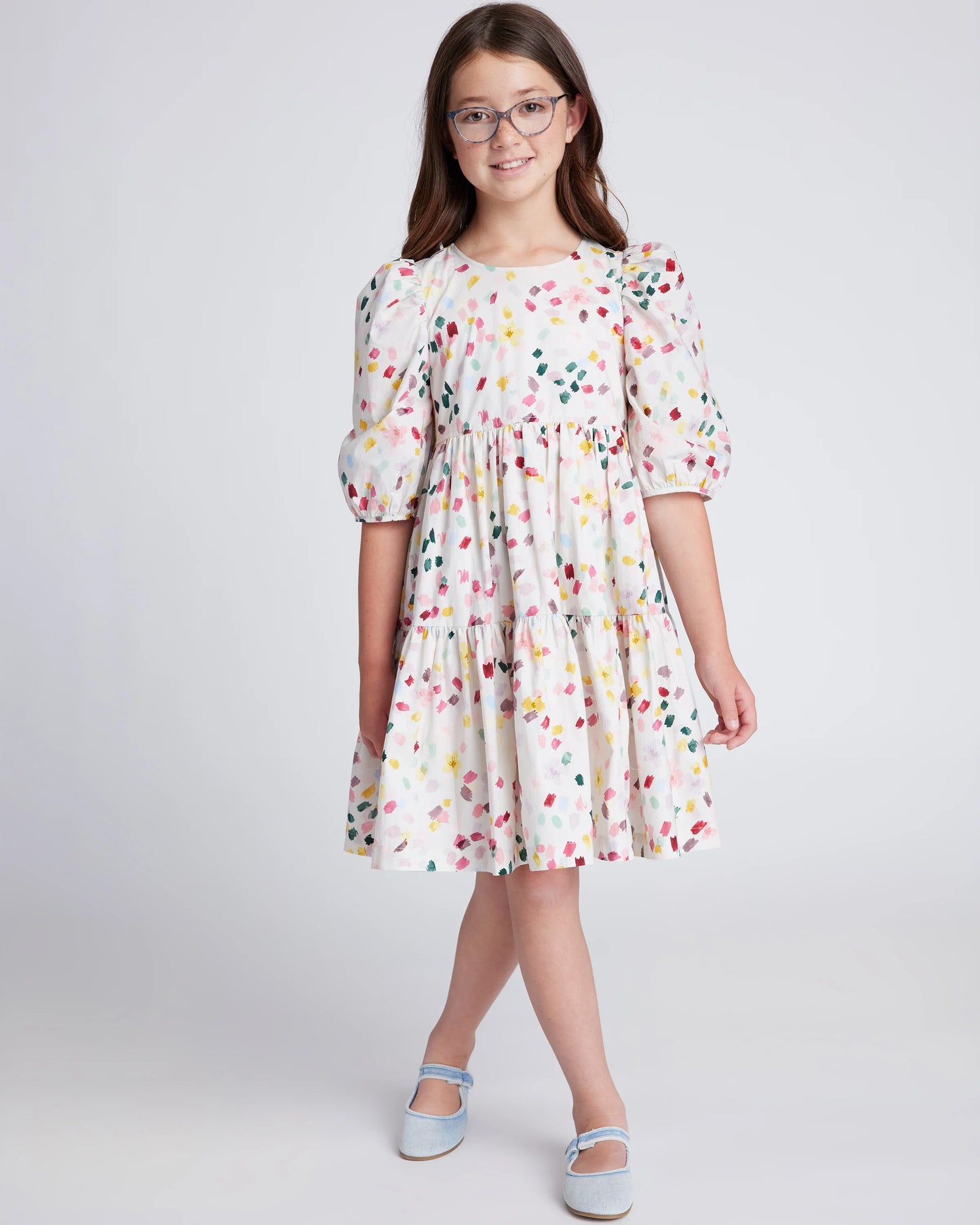 100% Cotton Poplin Puff Sleeve Dress - 12 / Confetti Dot