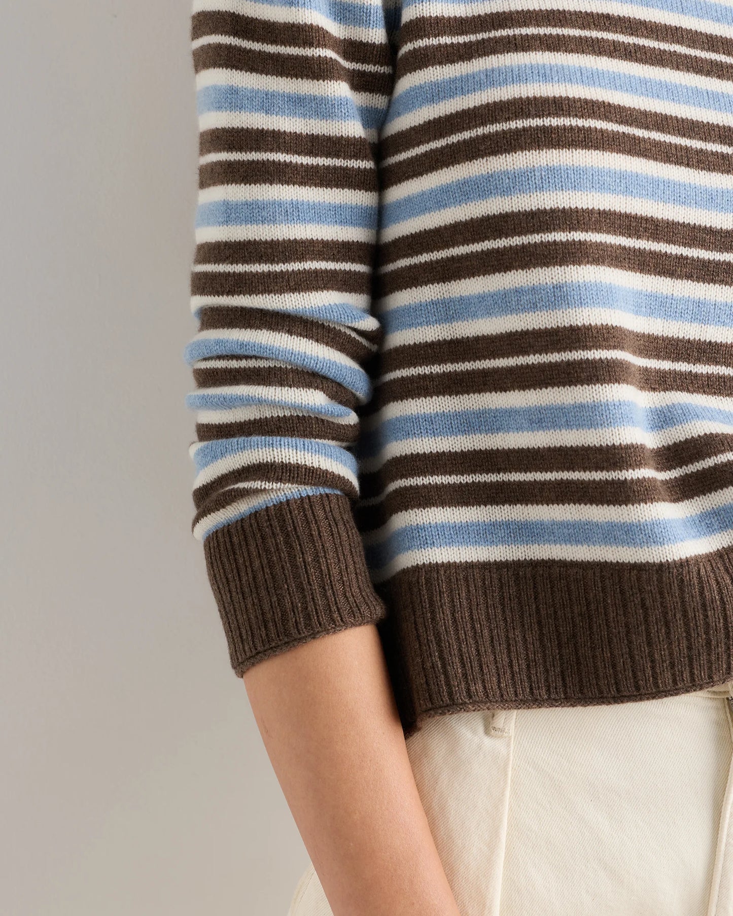 Mongolian Cashmere Boxy Crewneck Sweater - XS / Faded Denim/Brown/Ivory Variegated Stripe