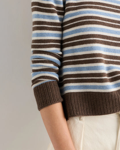 Mongolian Cashmere Boxy Crewneck Sweater - XS / Faded Denim/Brown/Ivory Variegated Stripe