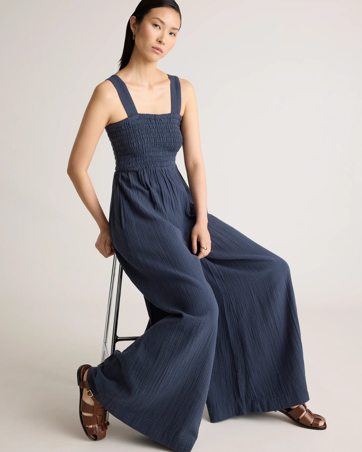 100% Organic Cotton Gauze Smocked Wide Leg Jumpsuit - XS / Spiced Orange