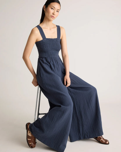 100% Organic Cotton Gauze Smocked Wide Leg Jumpsuit - XS / Spiced Orange
