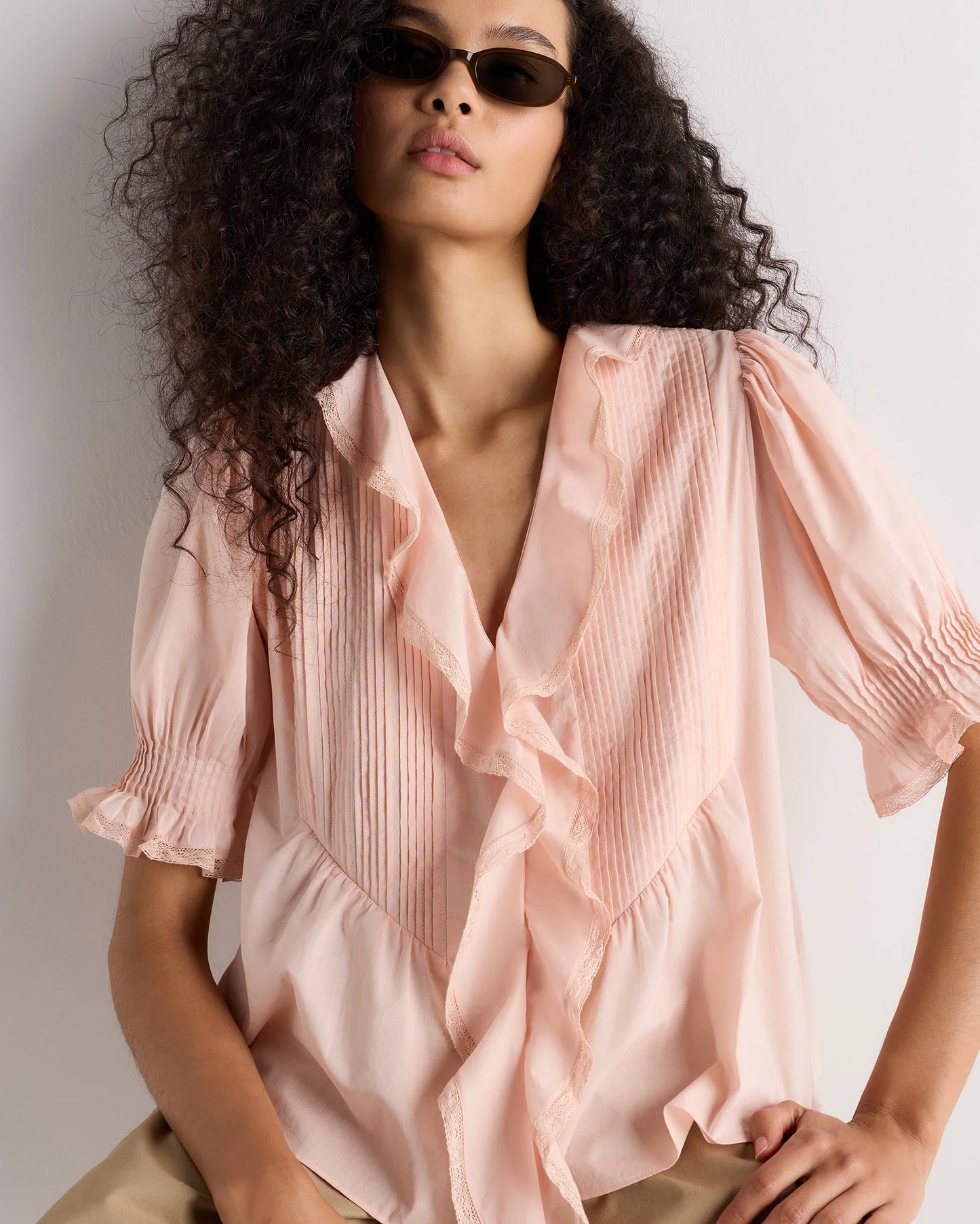 Organic Cotton Voile Short Sleeve Peasant Blouse - XS / Ballet Slipper