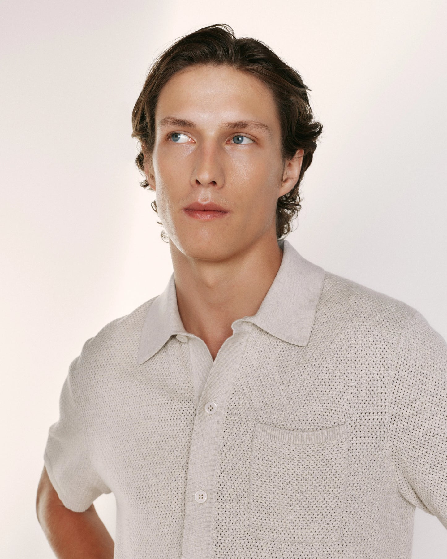 100% Organic Cotton Mesh-Stitch Button-Up Sweater Polo - XS / Speckled Beige