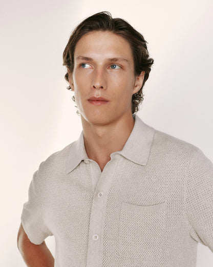100% Organic Cotton Mesh-Stitch Button-Up Sweater Polo - XS / Speckled Beige