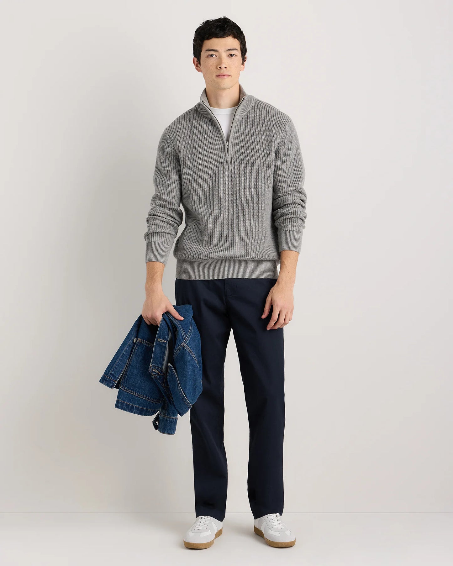 100% Organic Cotton Ribbed Quarter-Zip Sweater - S / Navy
