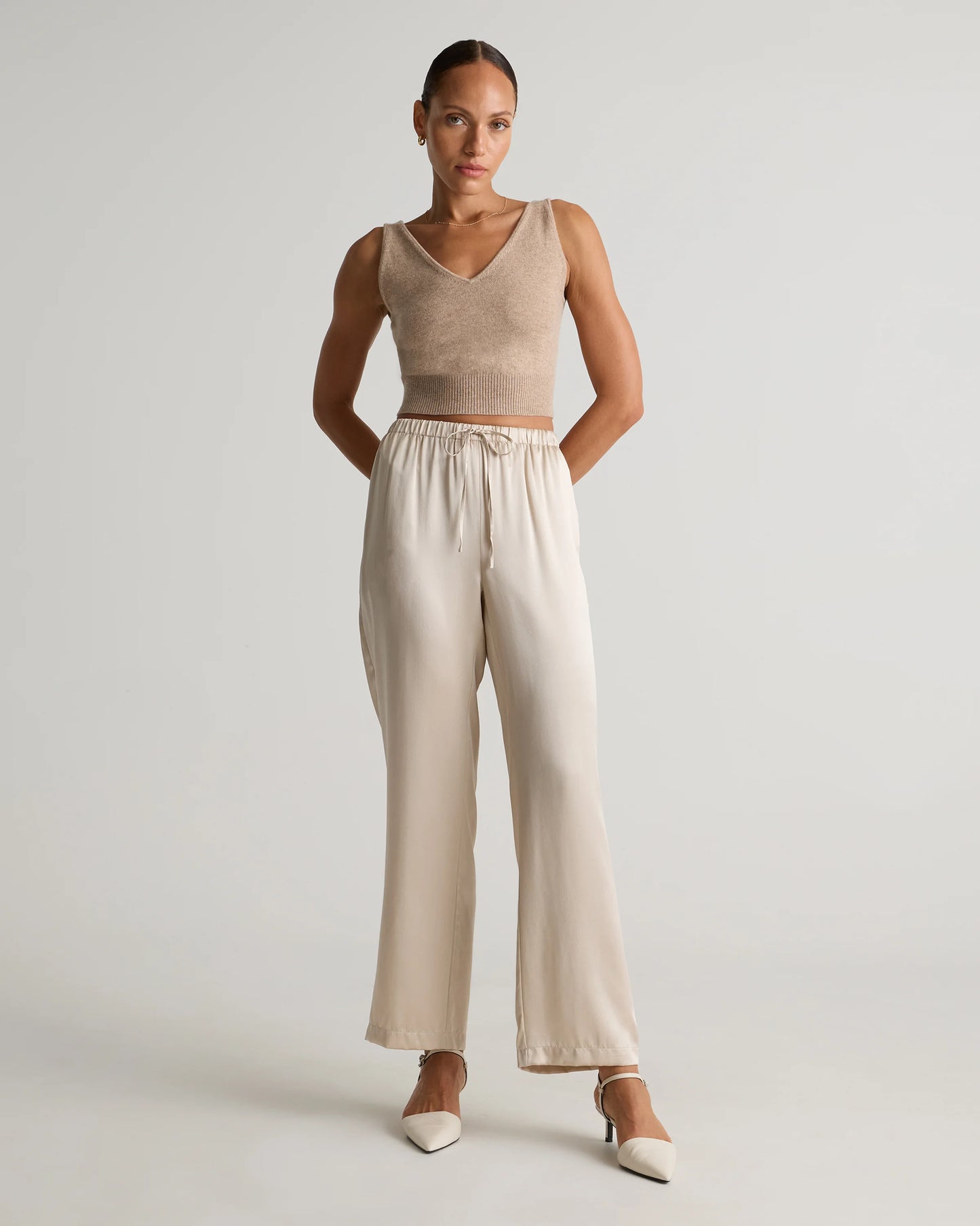 100% Washable Silk Drawstring Wide Leg Pants - XS / Champagne