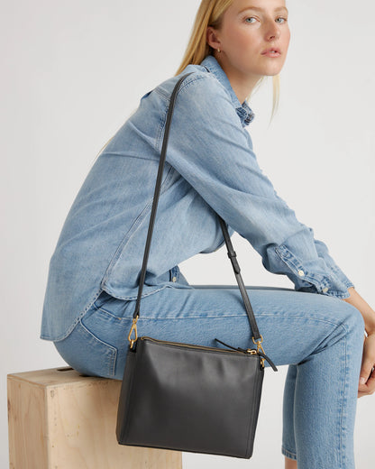 Italian Leather Triple Compartment Crossbody - One Size / Black