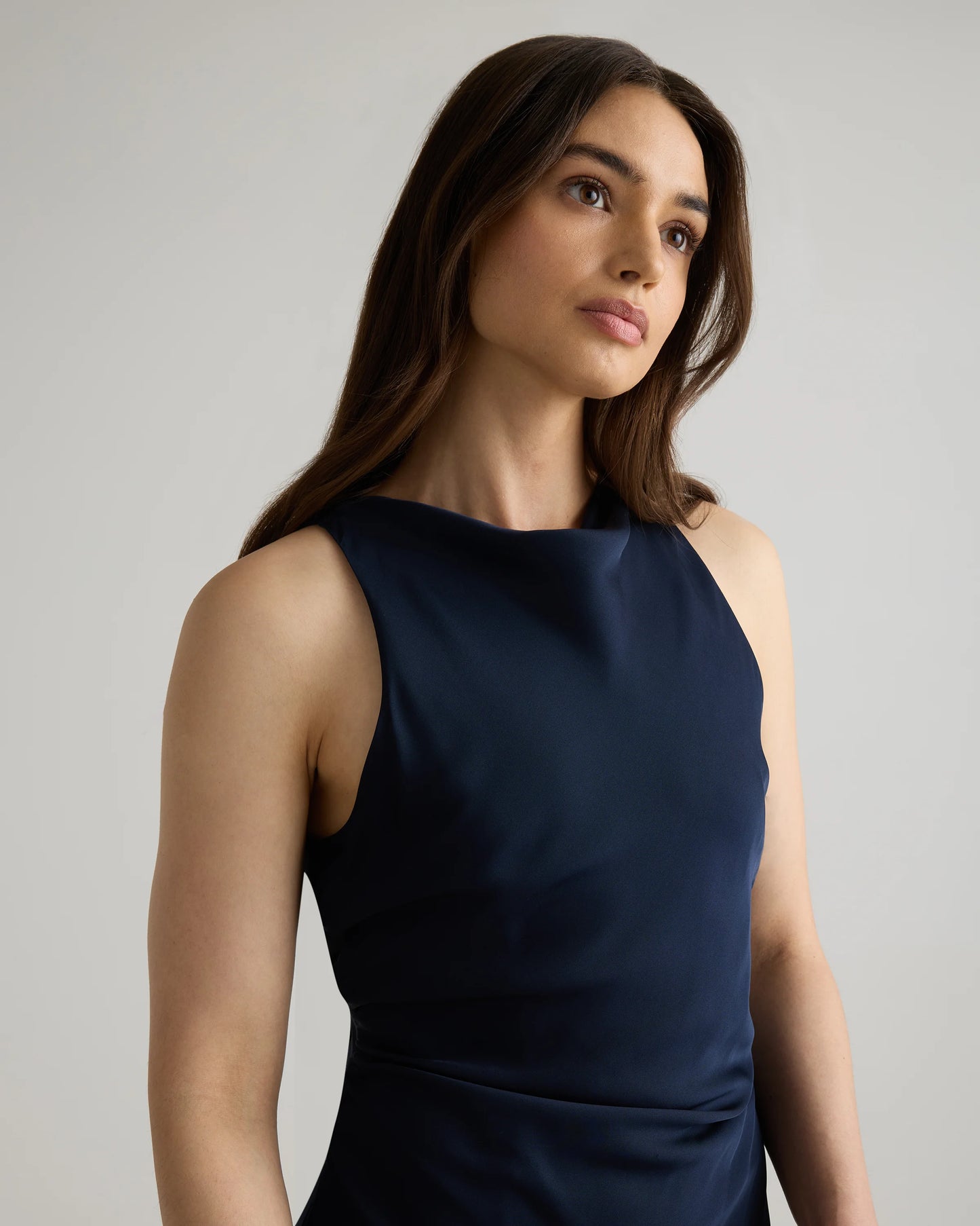 Washable Stretch Silk High Neck Midi Dress - XS / Vintage Navy Roses