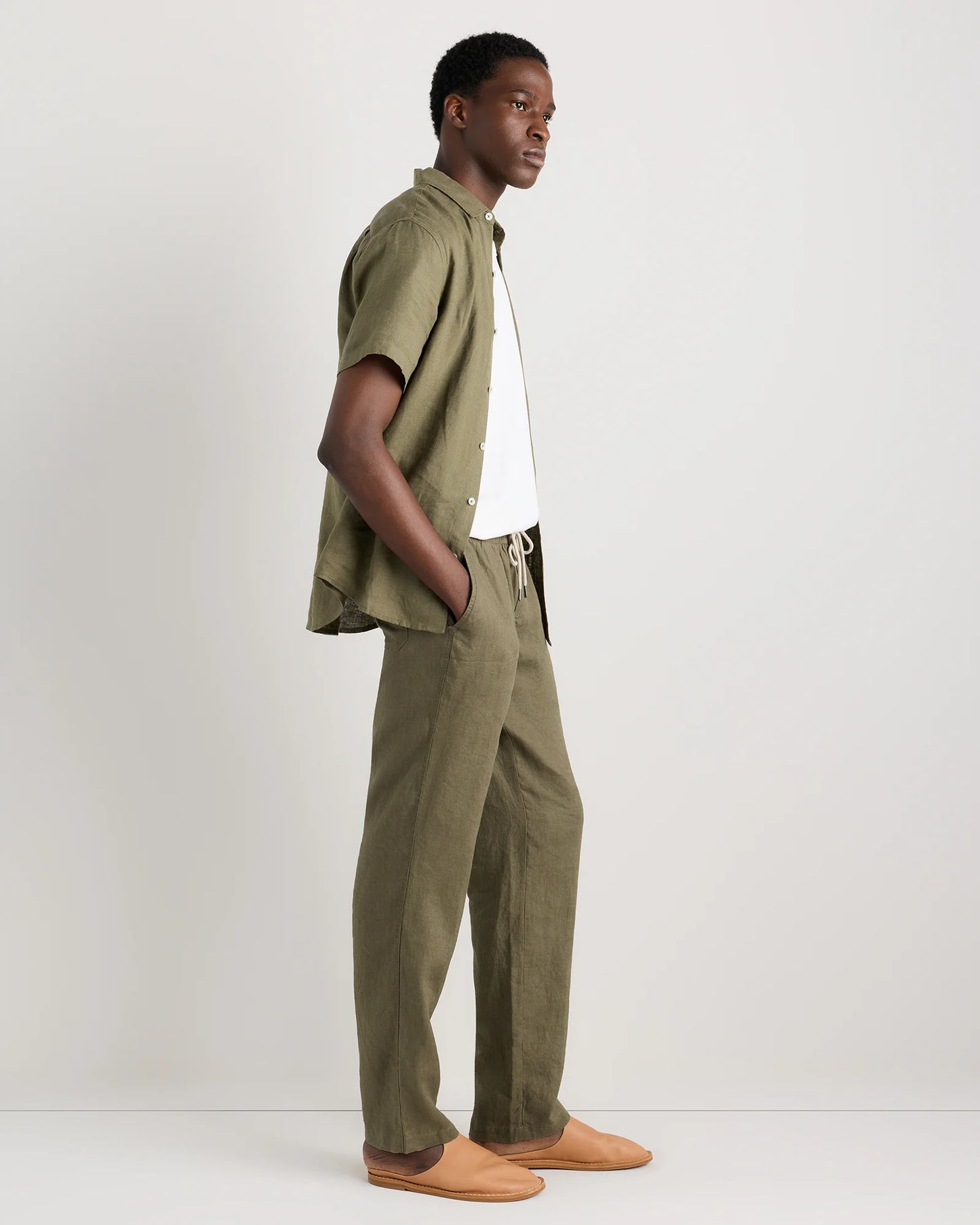 100% European Linen Drawstring Beach Pants - XS / Taupe Brown Chambray