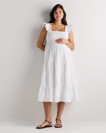 100% Organic Cotton Poplin Maternity Smocked Midi Dress - XS / Classic White