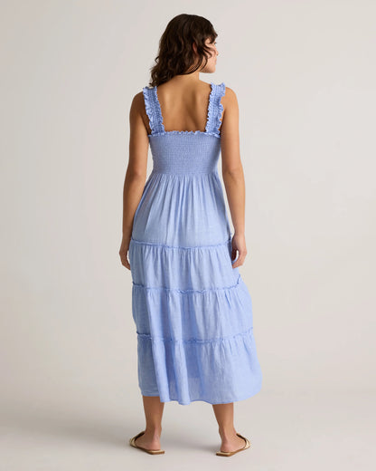 100% European Linen Smocked Midi Dress - XS / Ivory Porcelain Blue Petite Floral