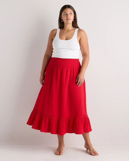 100% Organic Cotton Gauze Smocked Maxi Skirt - 1X / White