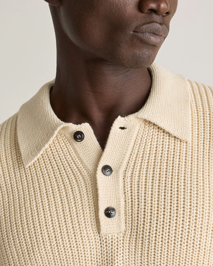 100% Organic Cotton Fisherman Polo Sweater - S / Alabaster
