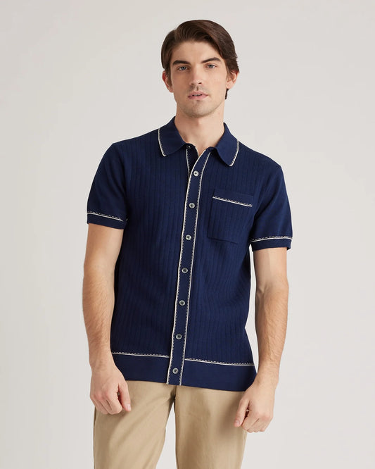 Organic Cotton-Silk Tipped Button Down Polo Sweater - S / Navy/Ivory