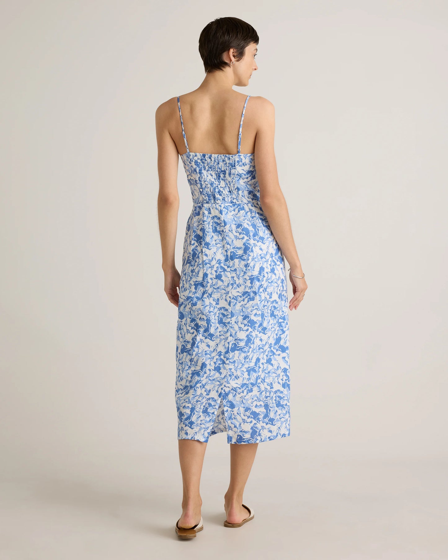 100% European Linen Scoop Neck Midi Dress - XS / Ivory Porcelain Blue Petite Floral
