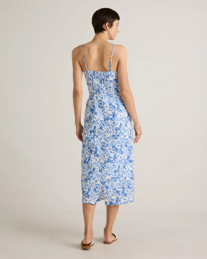 100% European Linen Scoop Neck Midi Dress - XS / Ivory Porcelain Blue Petite Floral