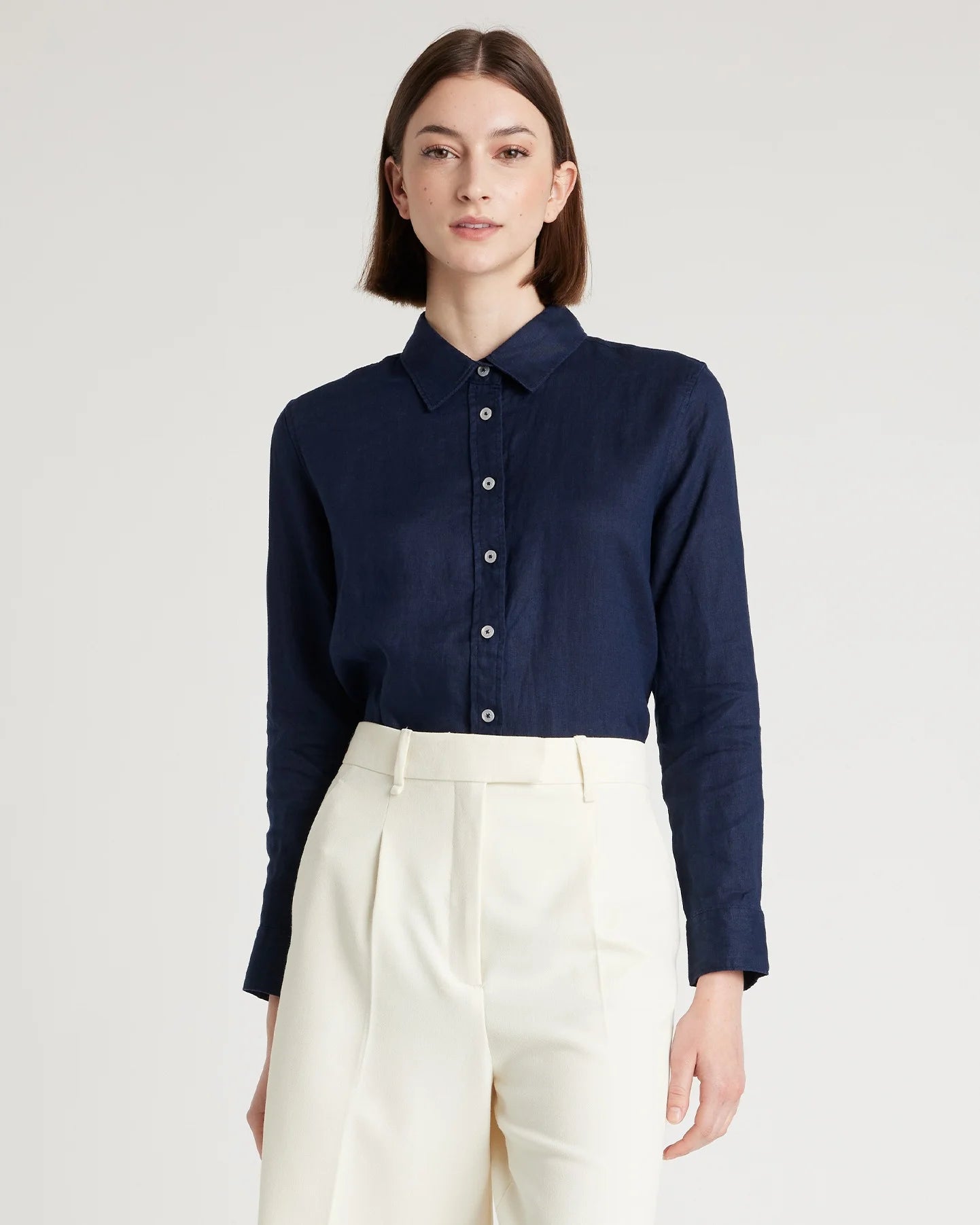 100% European Linen Long Sleeve Shirt - XS / Blue Pinstripe