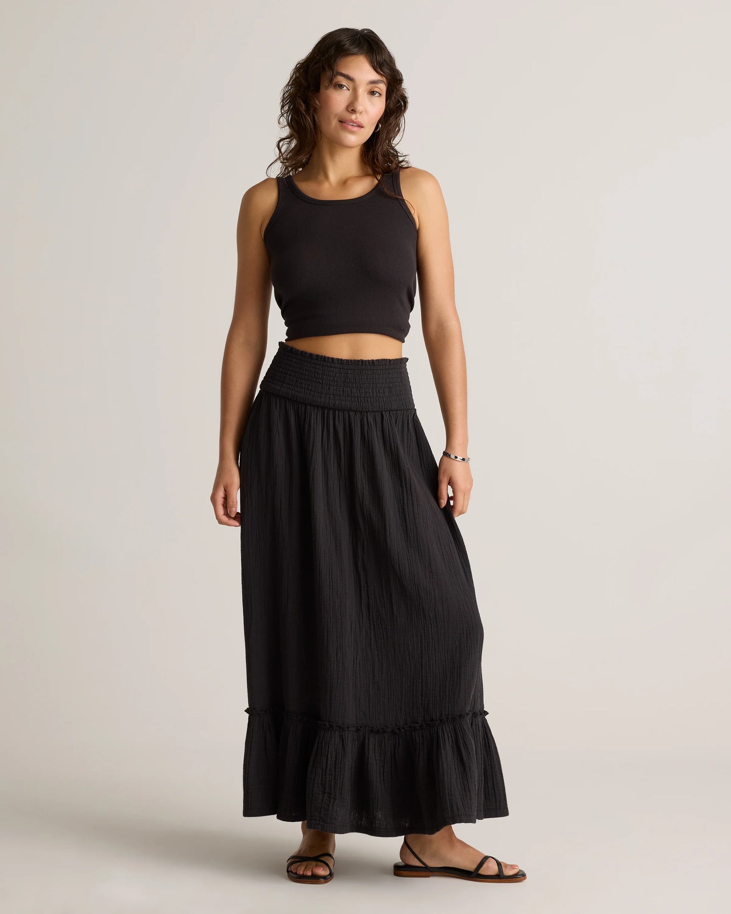 100% Organic Cotton Gauze Smocked Maxi Skirt - XS / Blue Gingham