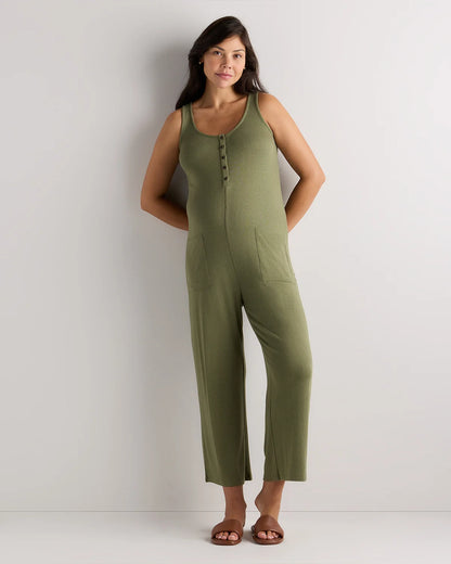 Bamboo Rib Maternity Button Front Jumpsuit - XS / Green Tea