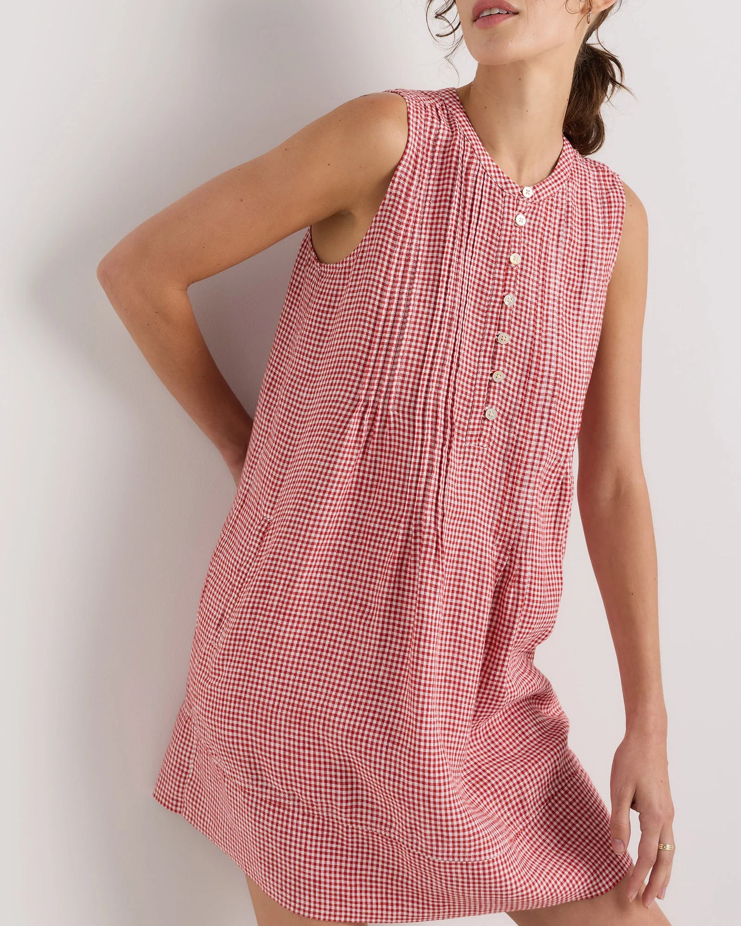 100% European Linen Sleeveless Swing Dress - XS / Classic Mini Gingham