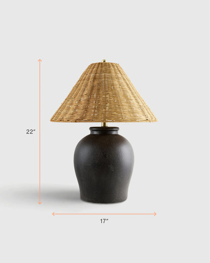 Artisan Ceramic Table Lamp with Rattan Shade - One Size / Black