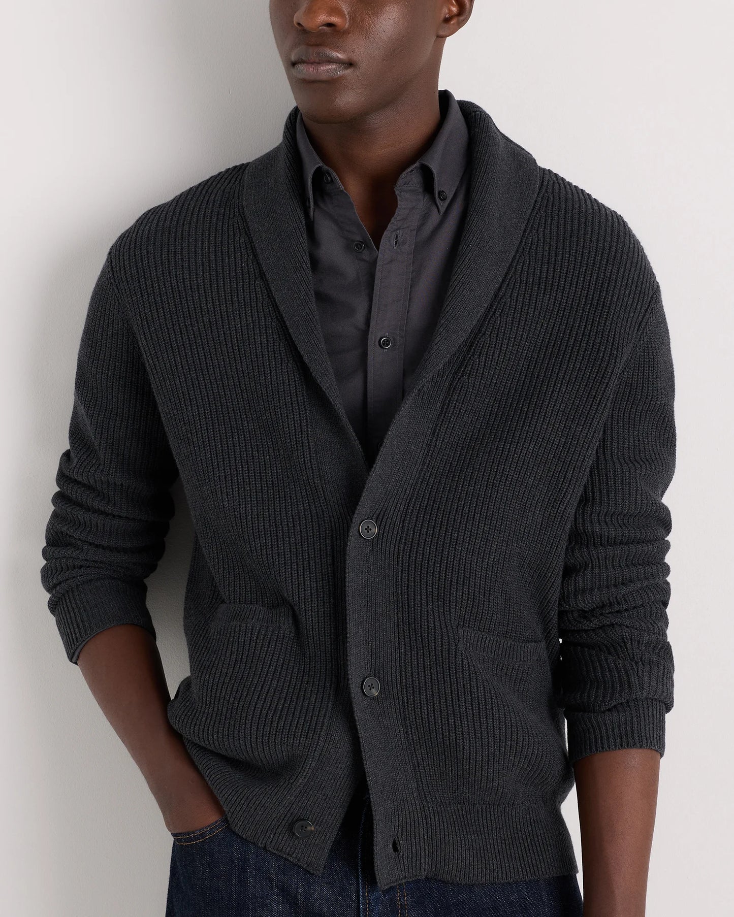 100% Organic Cotton Ribbed Shawl-Collar Cardigan Sweater - S / Bayberry Olive