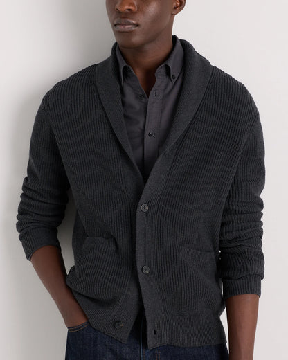 100% Organic Cotton Ribbed Shawl-Collar Cardigan Sweater - S / Bayberry Olive
