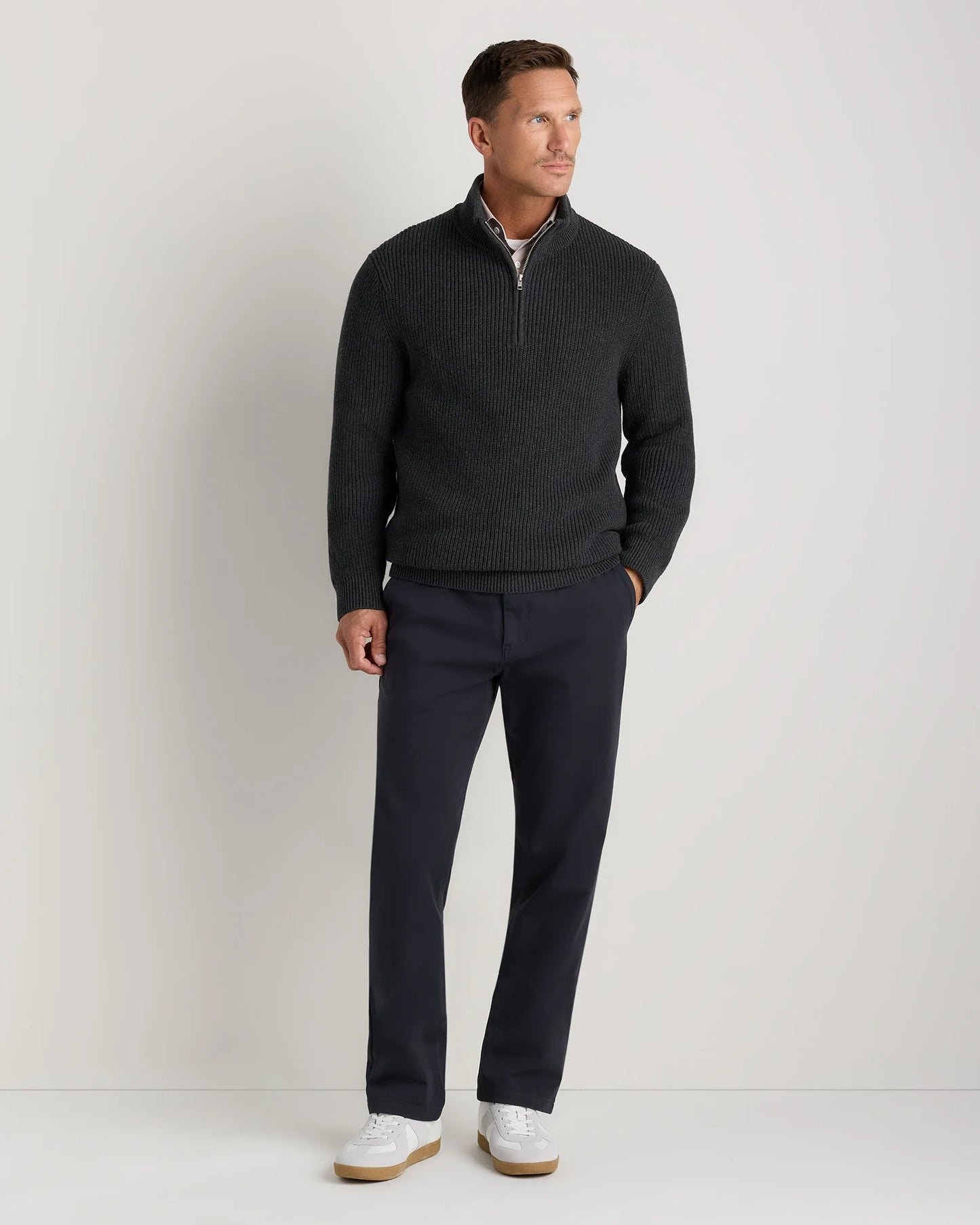 100% Organic Cotton Ribbed Quarter-Zip Sweater - S / Navy