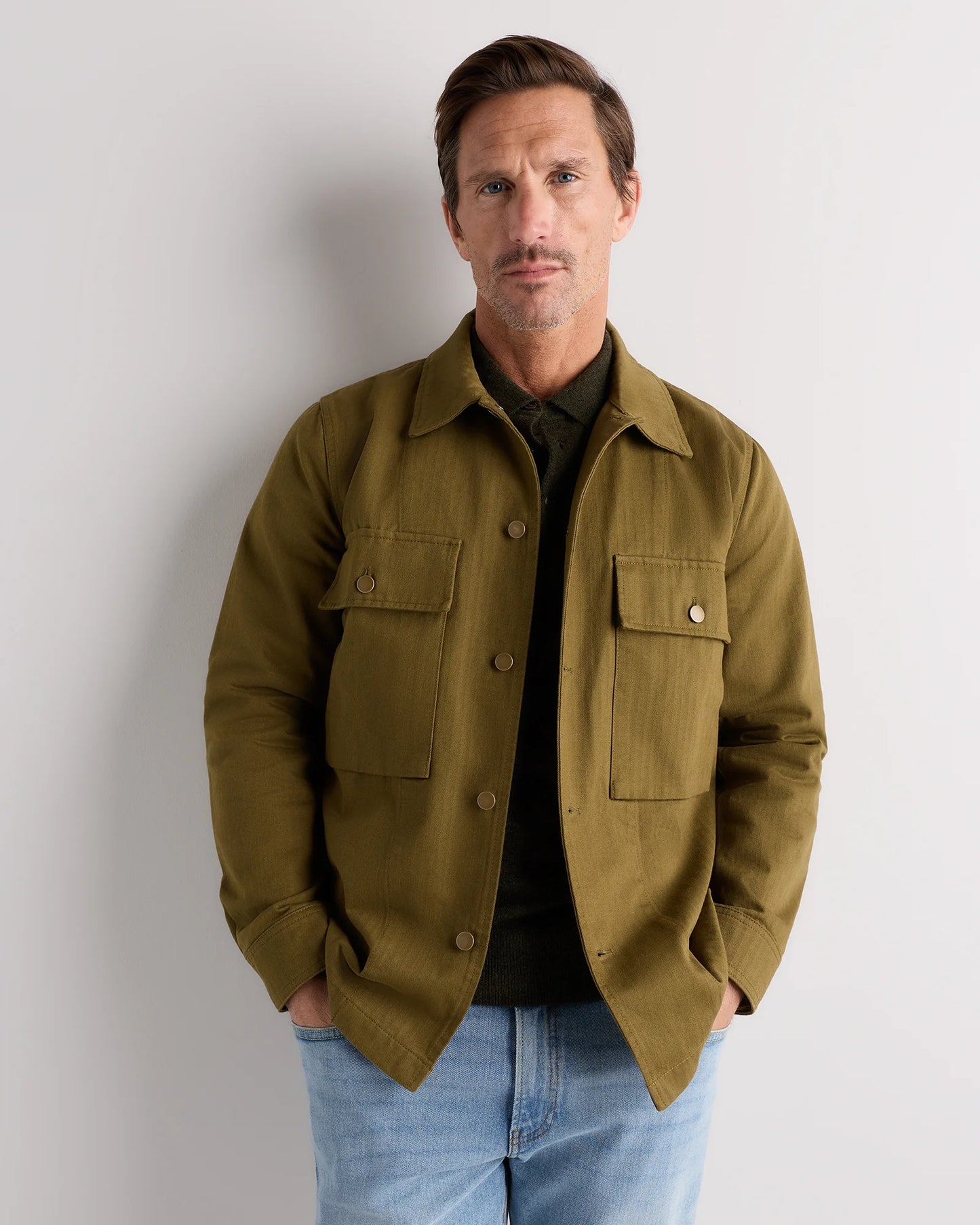 100% Organic Herringbone Twill Shirt Jacket - S / Military Olive