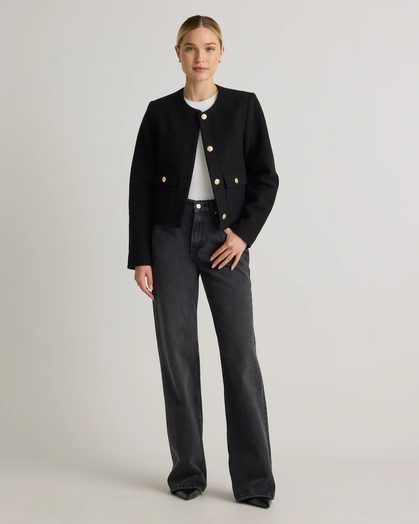 100% Merino Wool Collarless Cropped Jacket - XS / Heather Bone