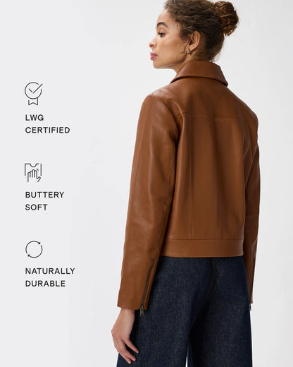 100% Leather Cropped Zip-Front Jacket - XS / True Black