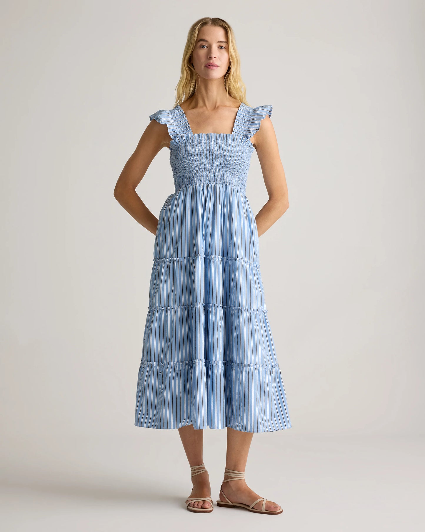 100% Organic Cotton Poplin Smocked Midi Dress - XS / Riviera Blue Heirloom Floral