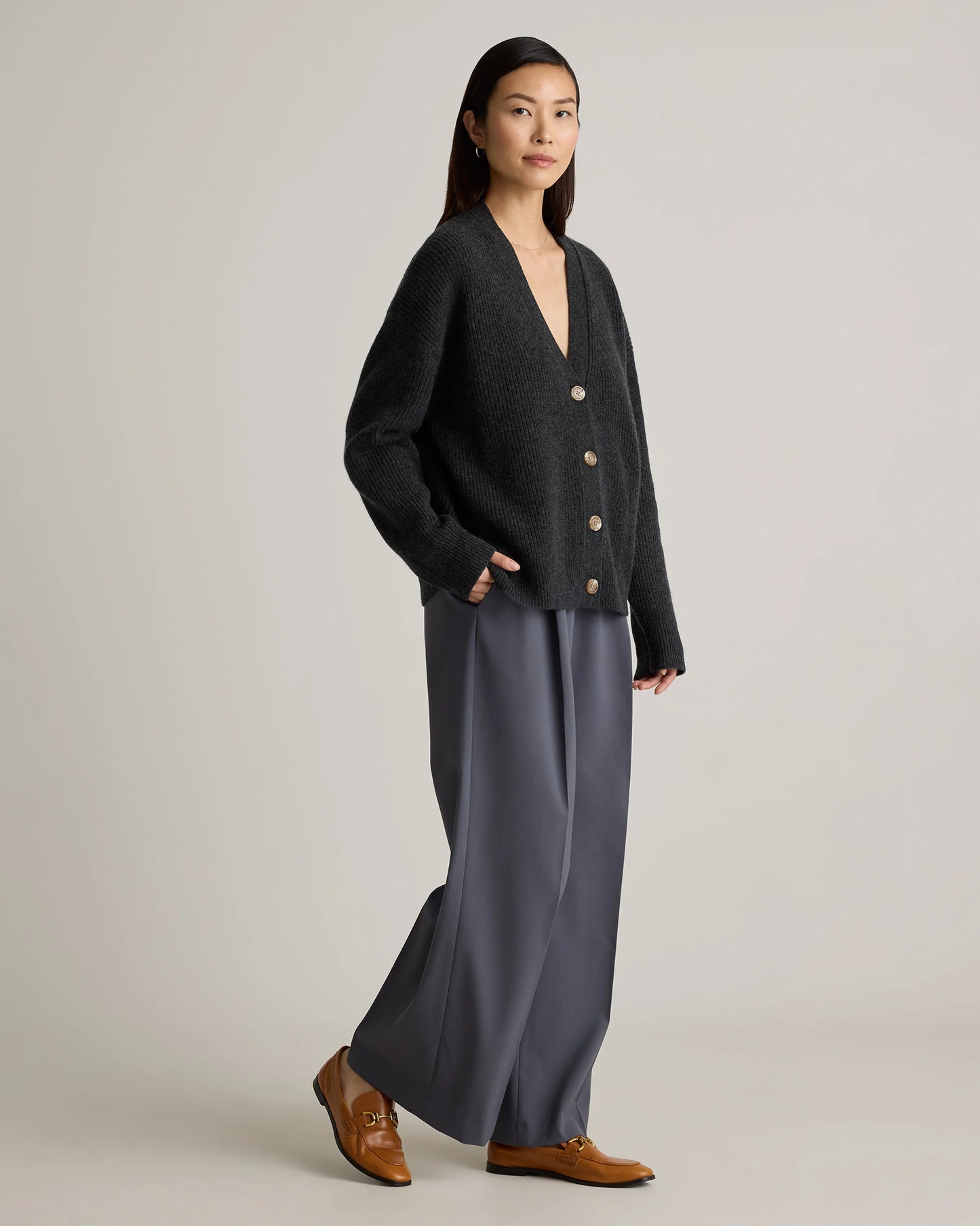 Mongolian Cashmere Fisherman Boxy Cropped Cardigan Sweater - XS / Faded Denim