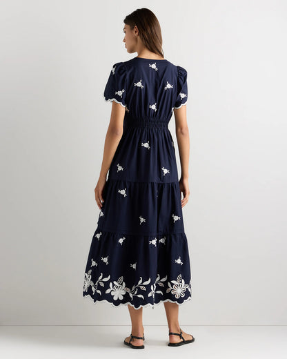 100% Organic Cotton Poplin Embroidered Tiered Maxi Dress - XS / Moonstone Blue