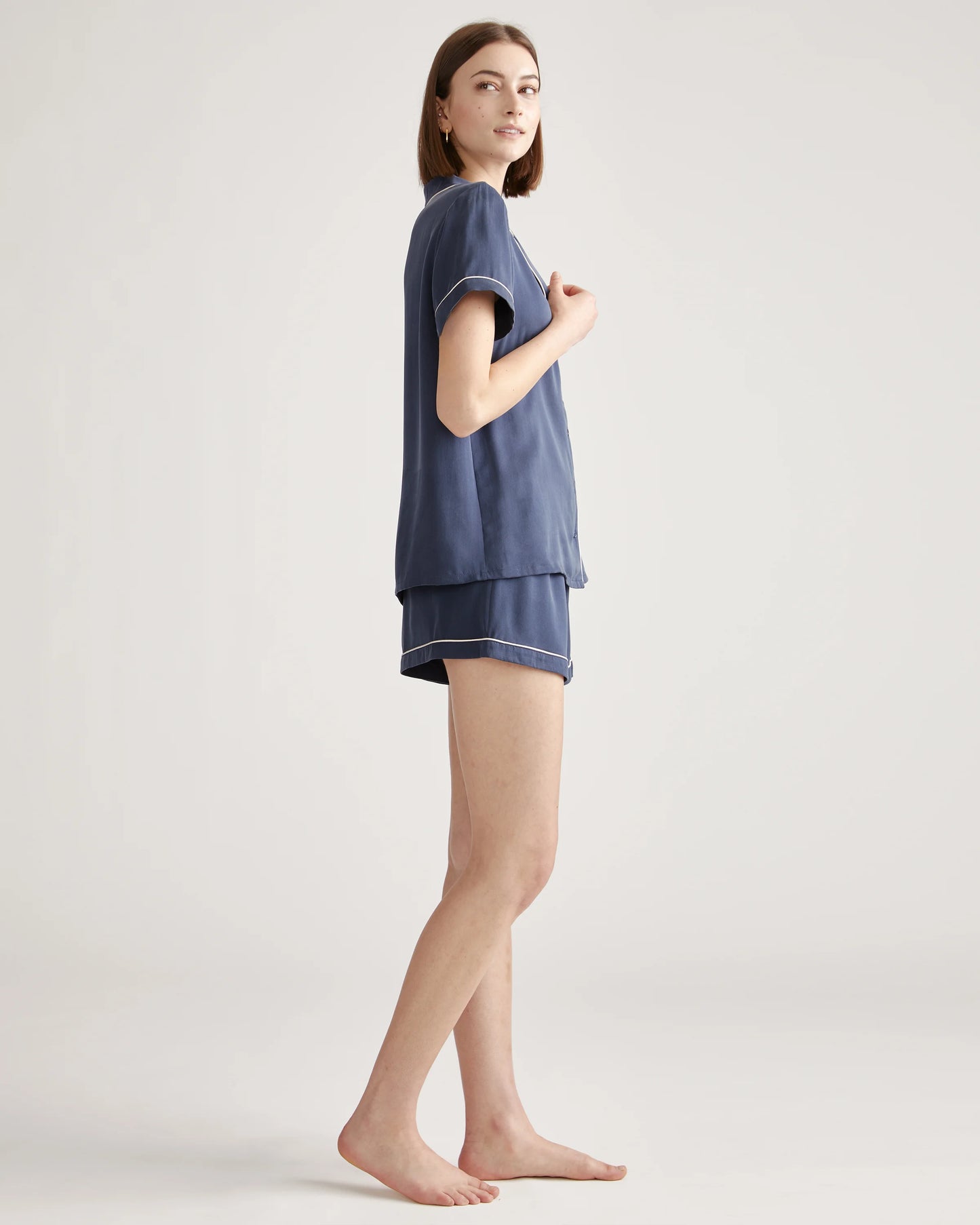 100% Washable Silk Pajama Short with Piping - XS / Indigo