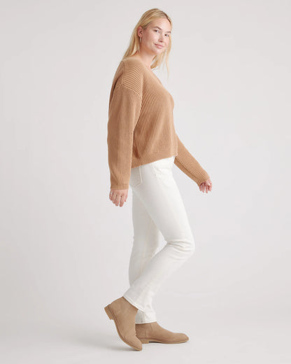 100% Organic Cotton Fisherman V-Neck Sweater - XS / Heather Brown