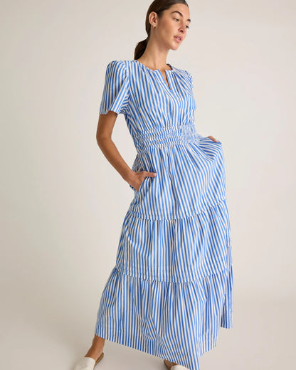 100% Organic Cotton Poplin Tiered Maxi Dress - XS / Riviera Blue Heirloom Floral
