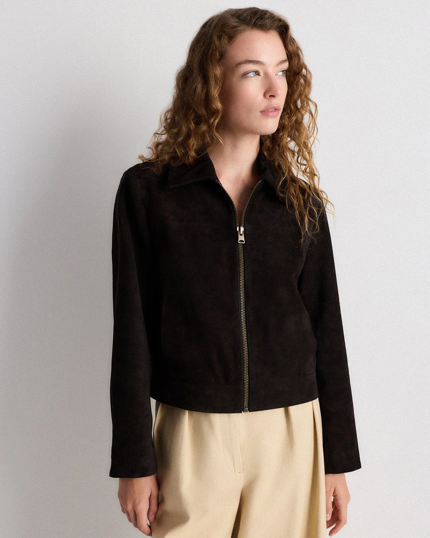 100% Suede Cropped Zip-Front Jacket - XS / Light Sand Beige