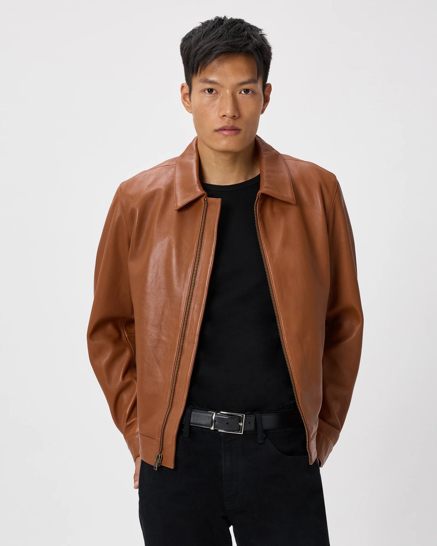 100% Leather Harrington Jacket - S / Dark Cognac Brown