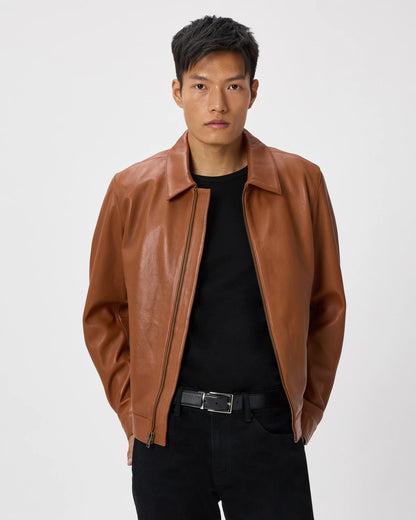 100% Leather Harrington Jacket - S / Dark Cognac Brown
