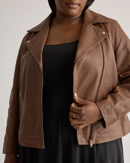100% Washed Leather Biker Jacket - 1X / Burnt Umber