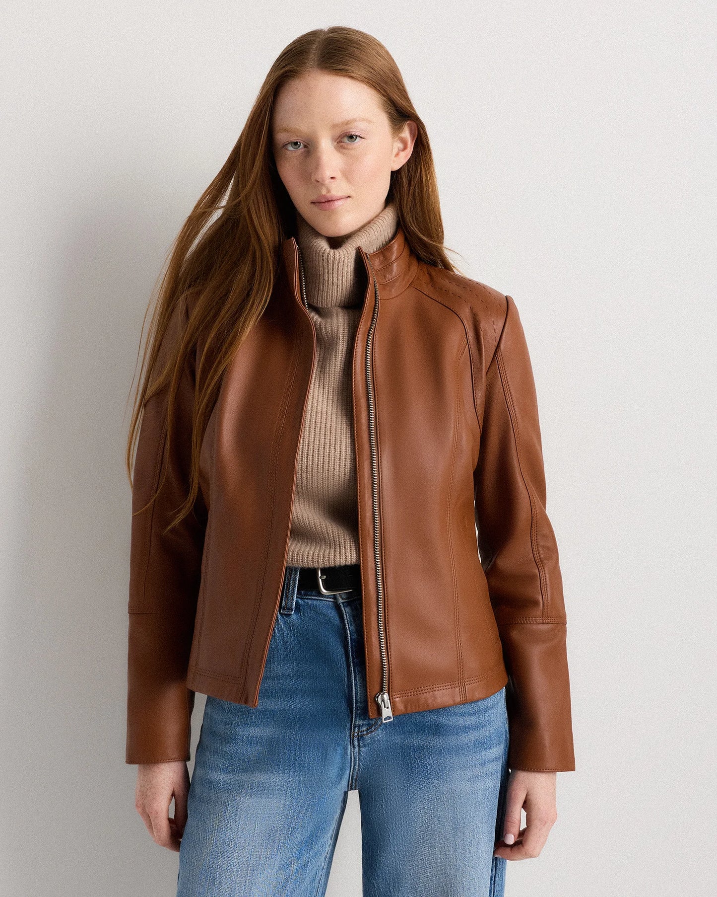 100% Leather Stand-Collar Jacket - XS / True Black