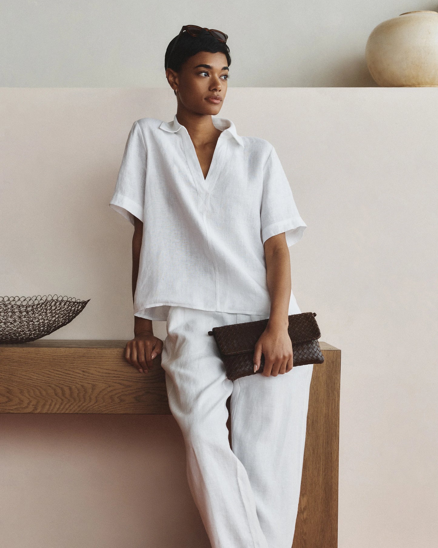 100% European Linen Short Sleeve Popover Top - XS / Blue Pinstripe