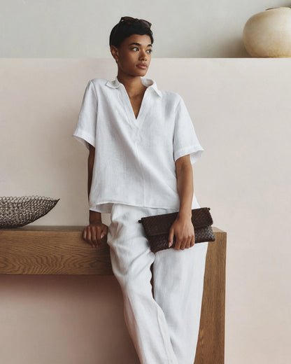 100% European Linen Short Sleeve Popover Top - XS / Blue Pinstripe