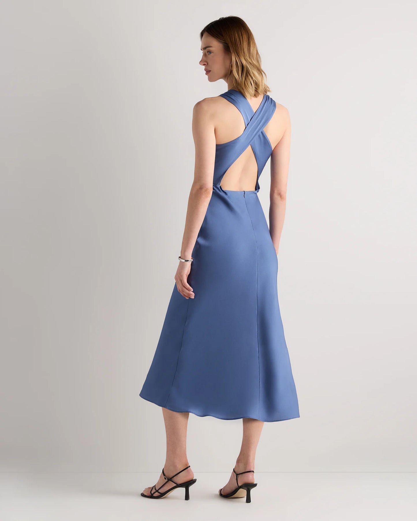 Washable Stretch Silk High Neck Midi Dress - XS / Vintage Navy Roses