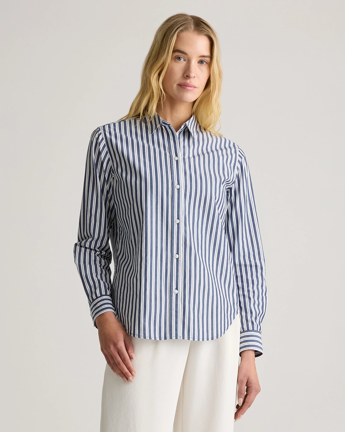 100% Organic Cotton Poplin Long Sleeve Shirt - XS / Delta Blue Double Stripe