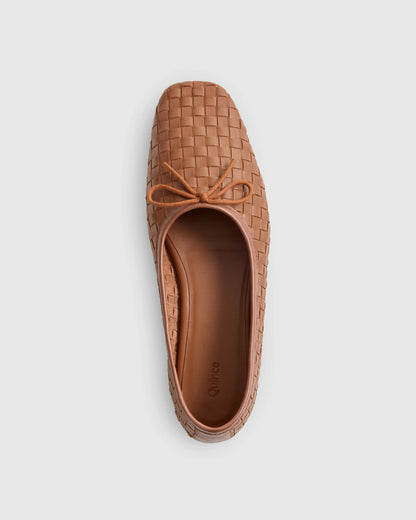 Italian Leather Handwoven Square Toe Ballet Flat - 5 / Cognac
