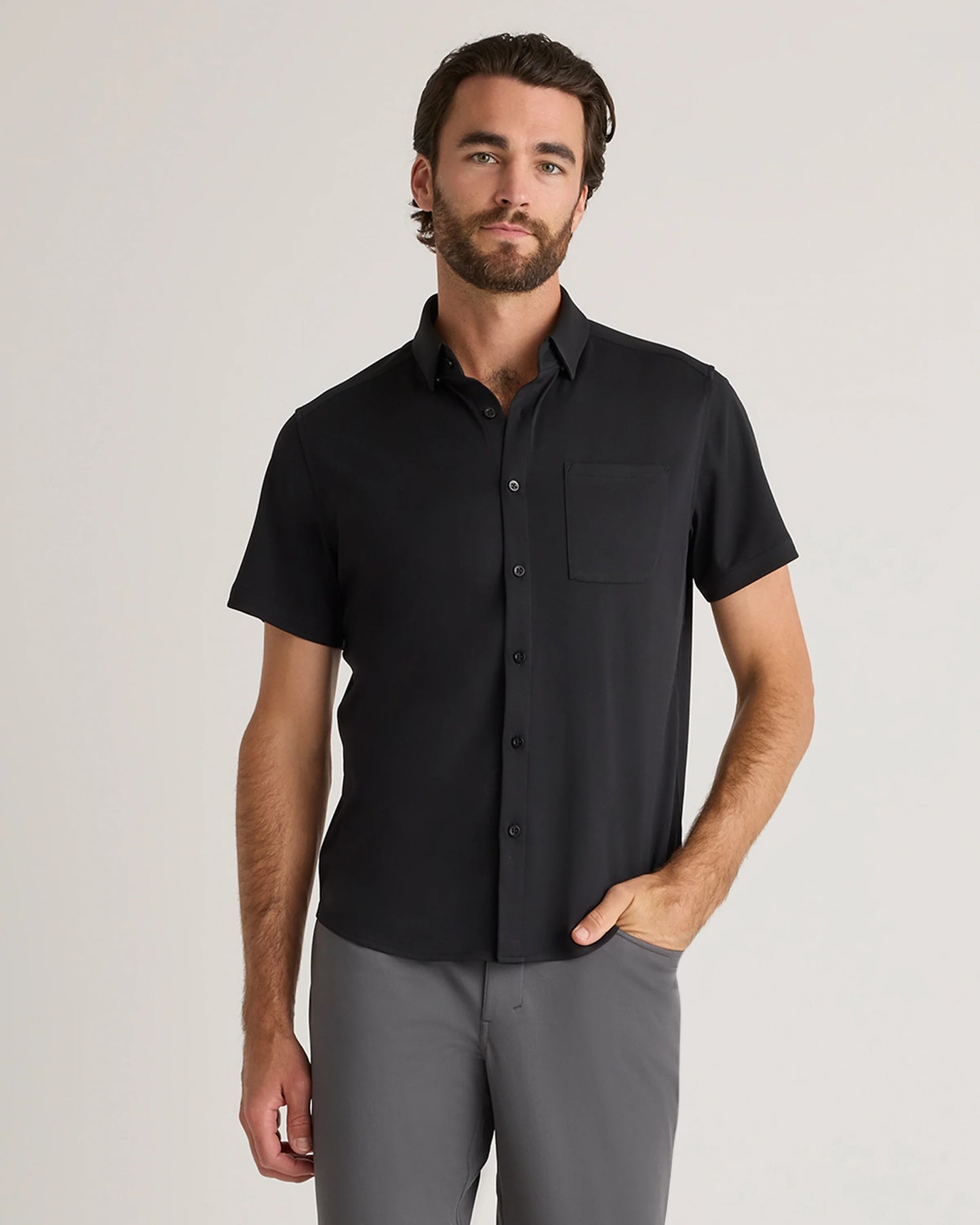 Commuter Stretch Pique Short Sleeve Button Down - S / Black