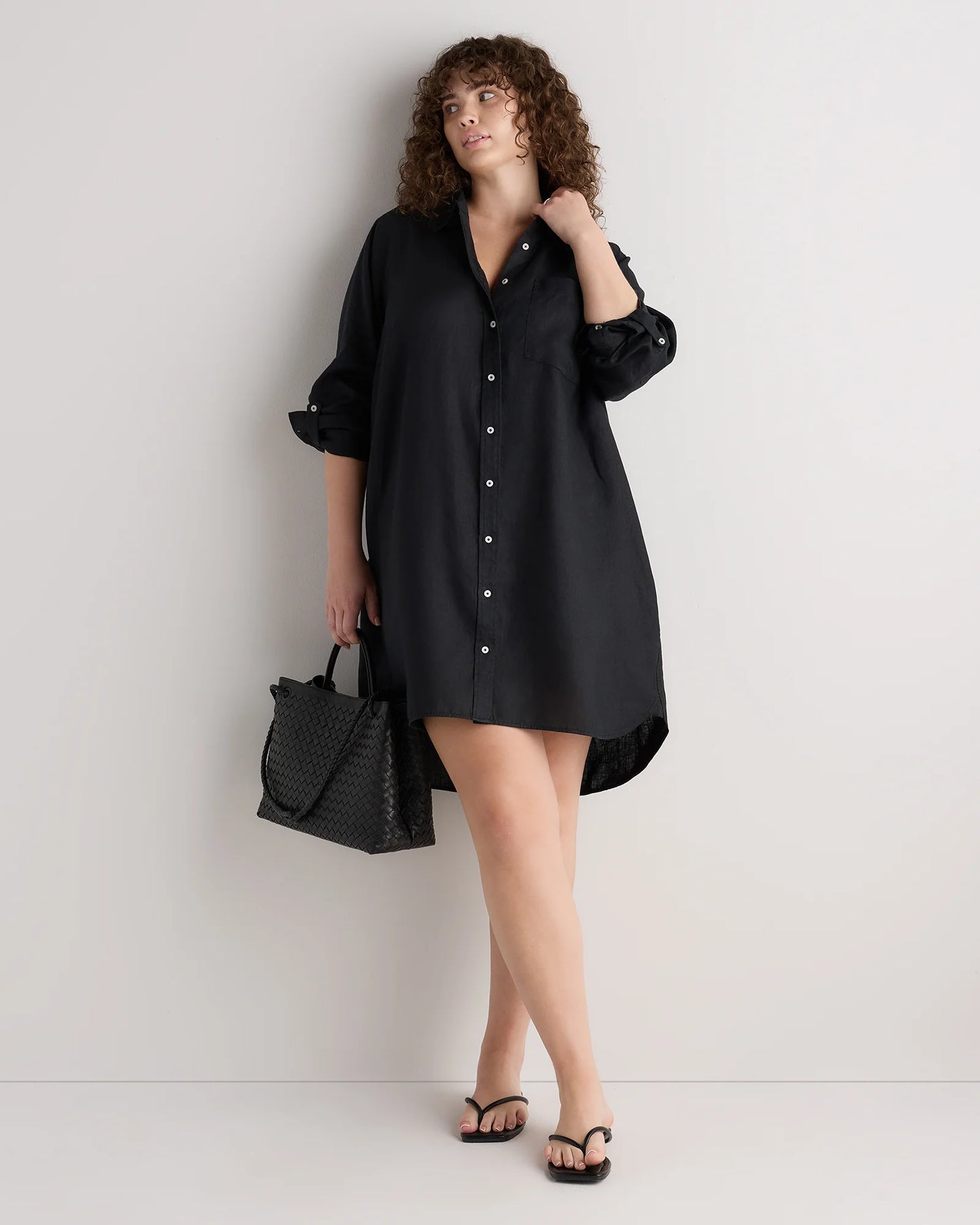 100% European Linen Shirt Dress - 1X / Black