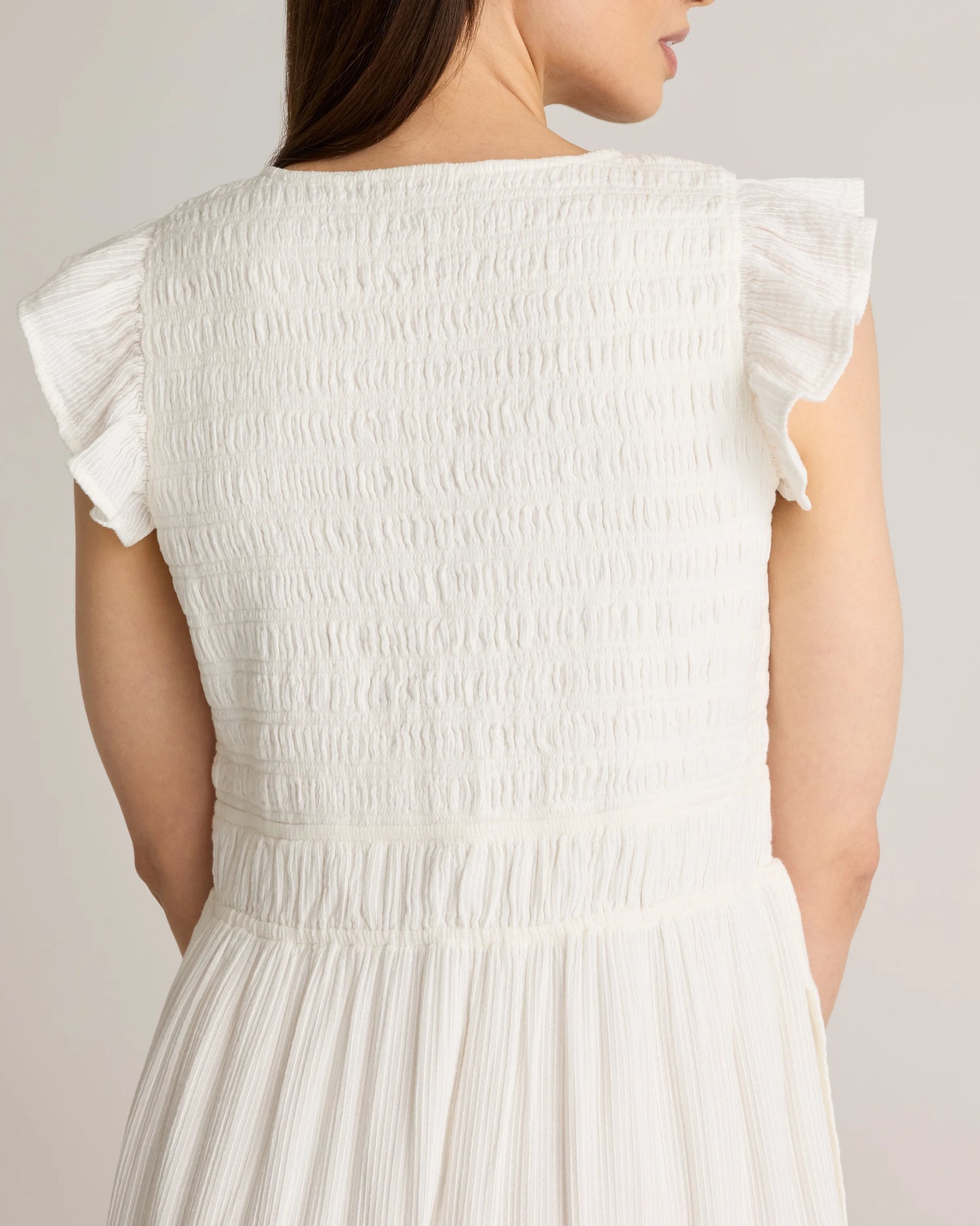 Organic Textured Cotton Smocked V-Neck Midi Dress - XS / Pale Custard Yellow